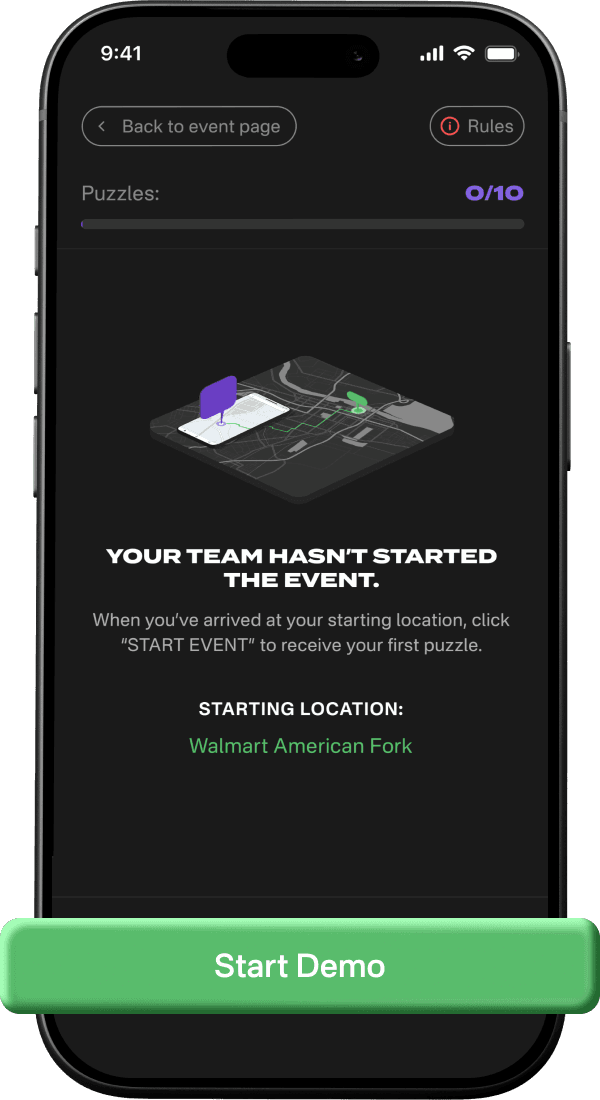A phone showing a Riddler Go event ready to start, with a Start Demo button